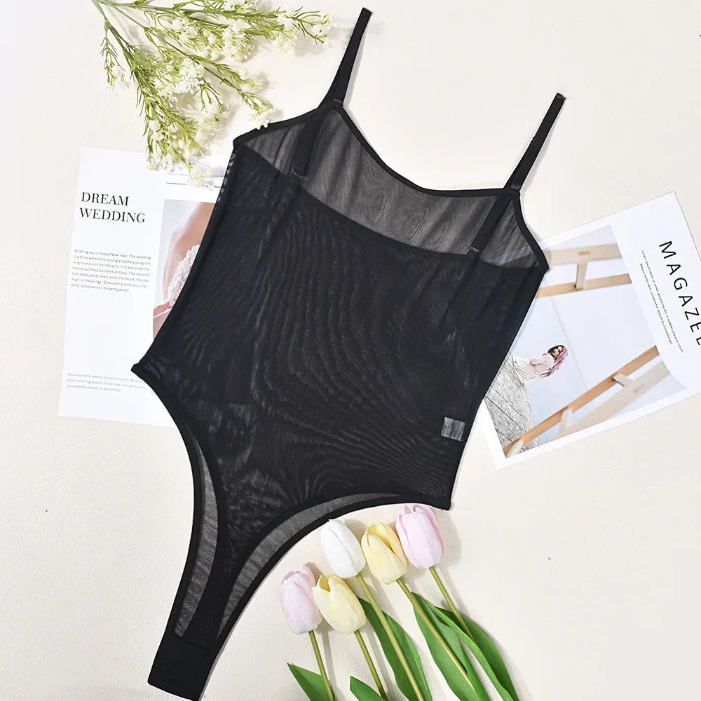 Ellolace Lace Bodysuit Sheer Mesh One Piece Bright Body Women Solid Sexy Top Crotchless Sissy Naked Tight Fitting Teddy Lingerie