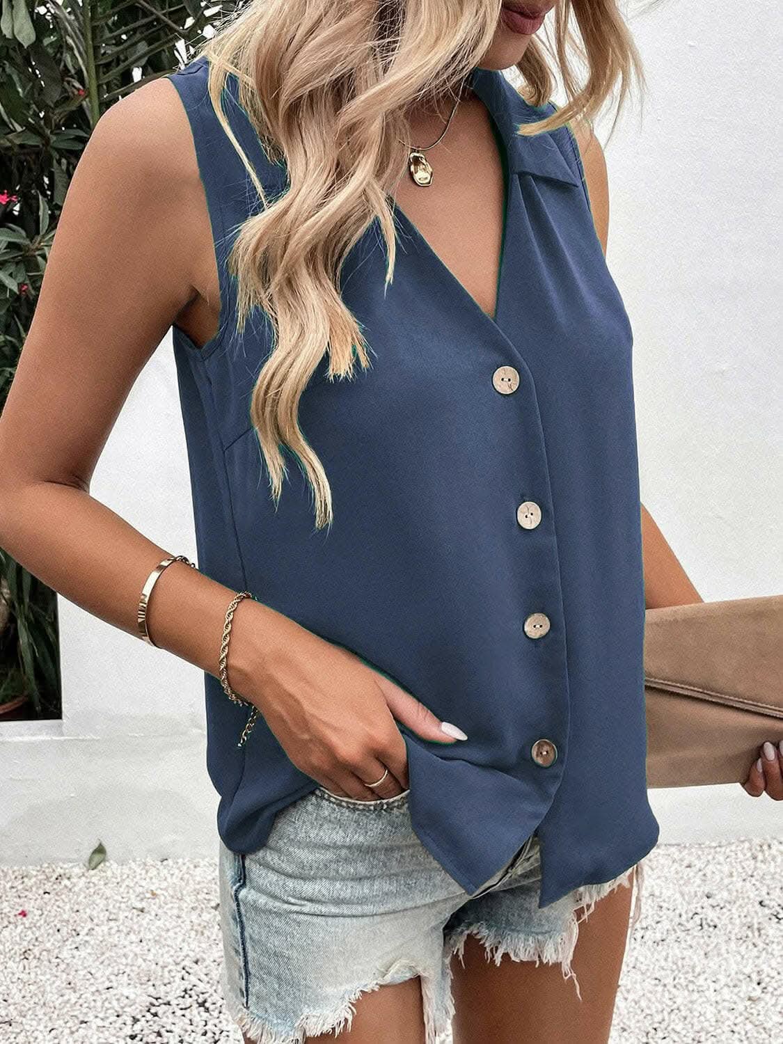 Sheer button-up tank with collar