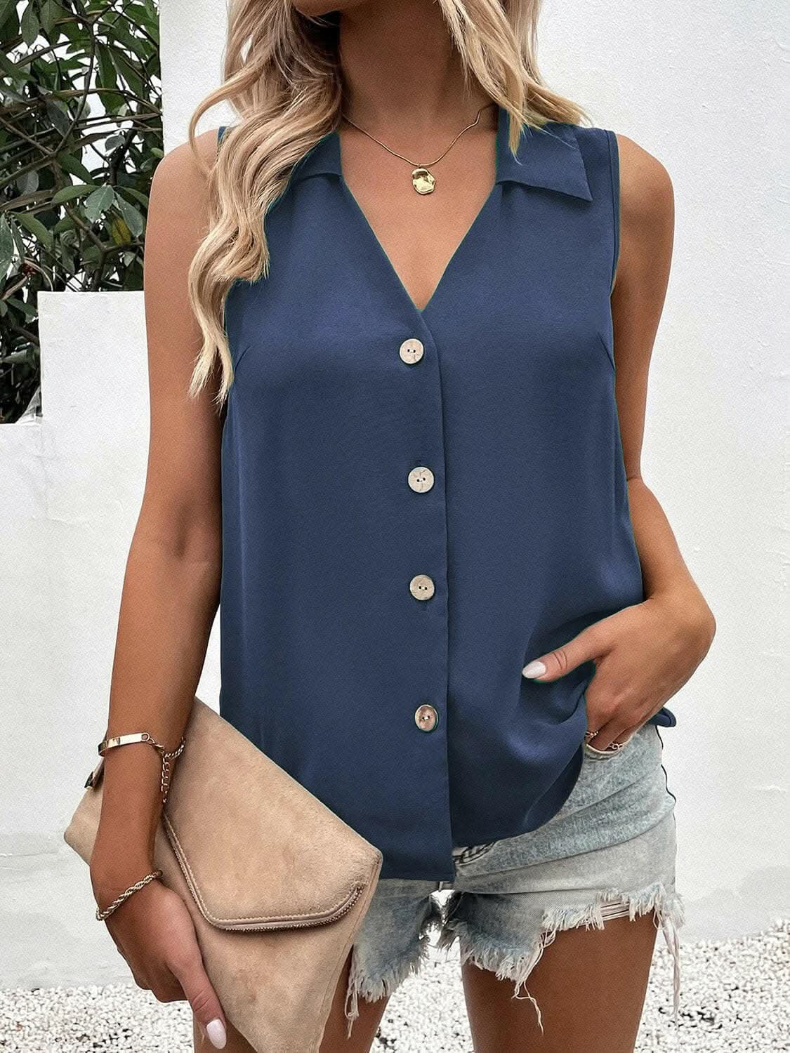 Sheer button-up tank with collar