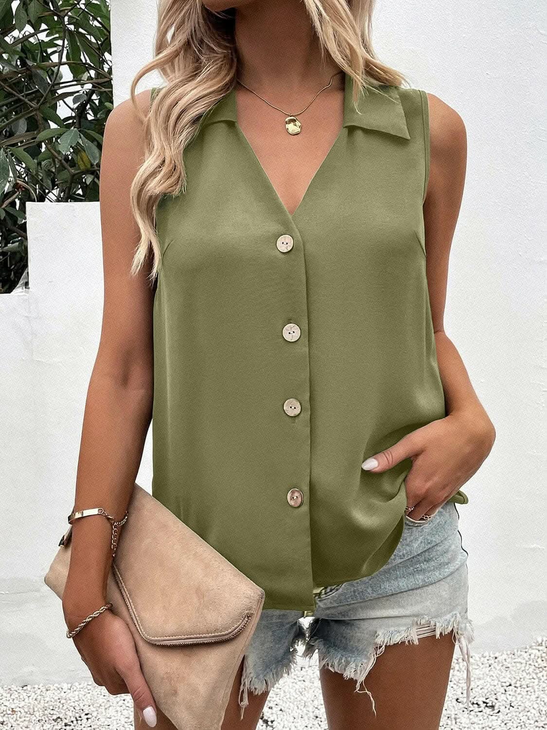 Sheer button-up tank with collar