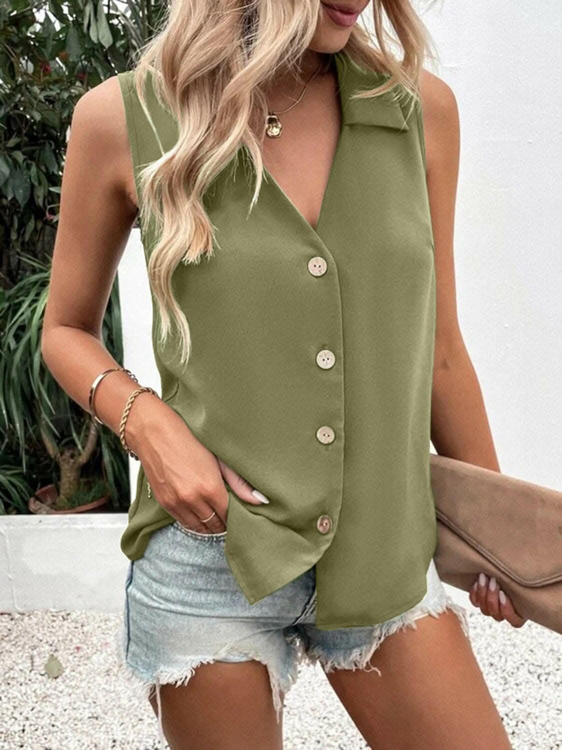 Sheer button-up tank with collar
