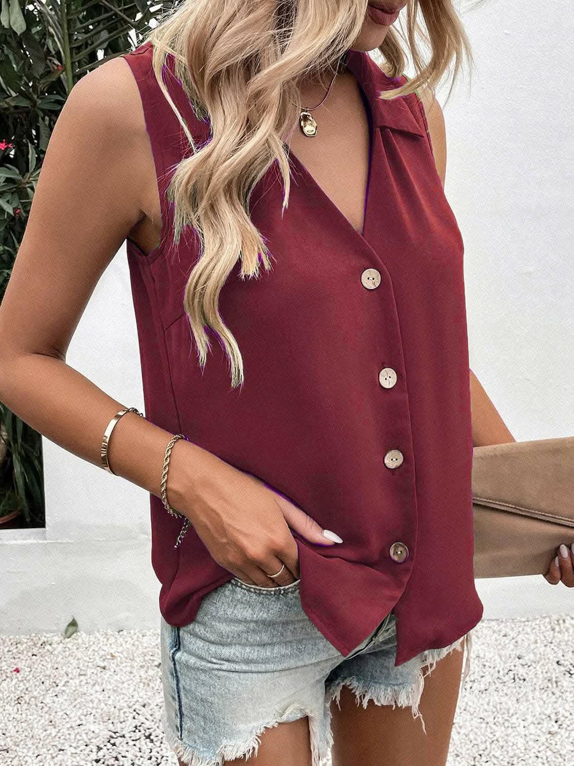 Sheer button-up tank with collar