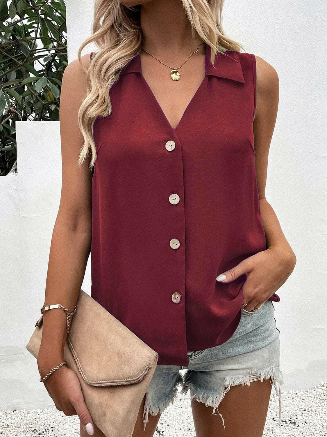 Sheer button-up tank with collar