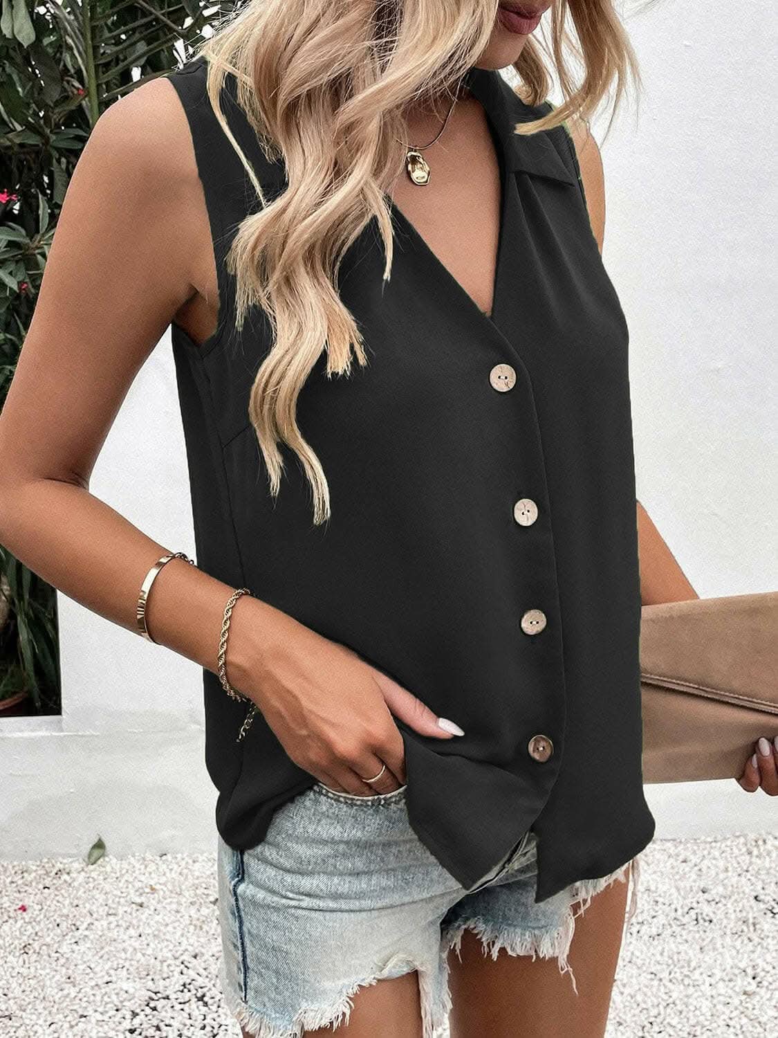 Sheer button-up tank with collar