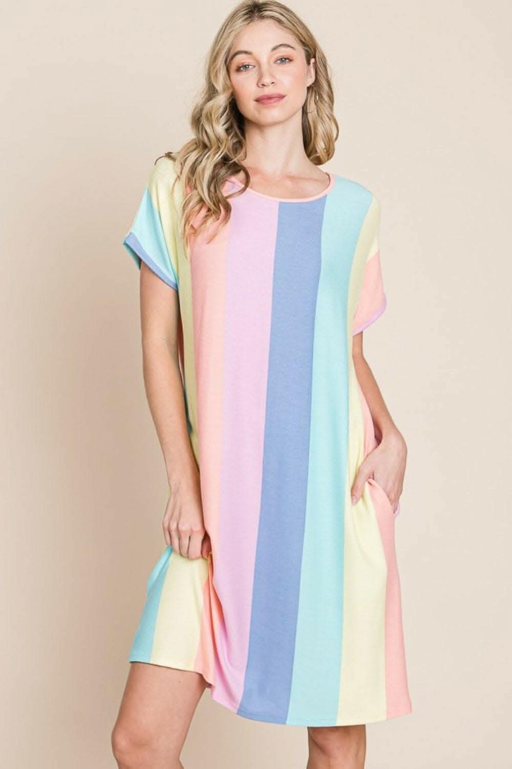 Striped Short Sleeve Dress with Pockets - Classic Elegance