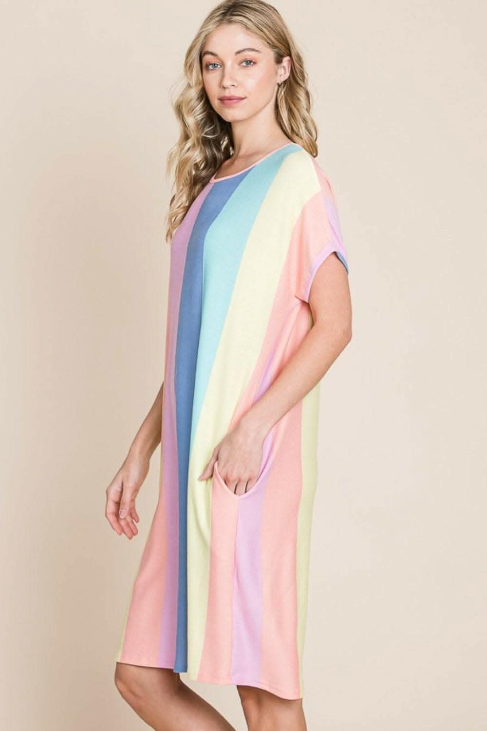 Striped Short Sleeve Dress with Pockets - Classic Elegance