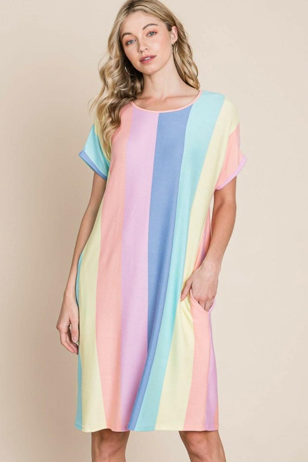 Striped Short Sleeve Dress with Pockets - Classic Elegance