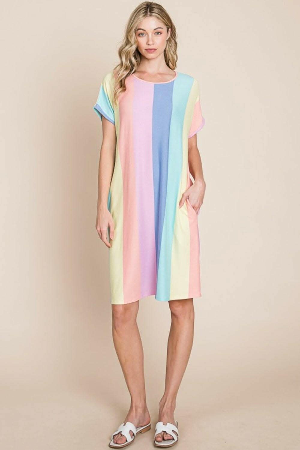 Striped Short Sleeve Dress with Pockets - Classic Elegance