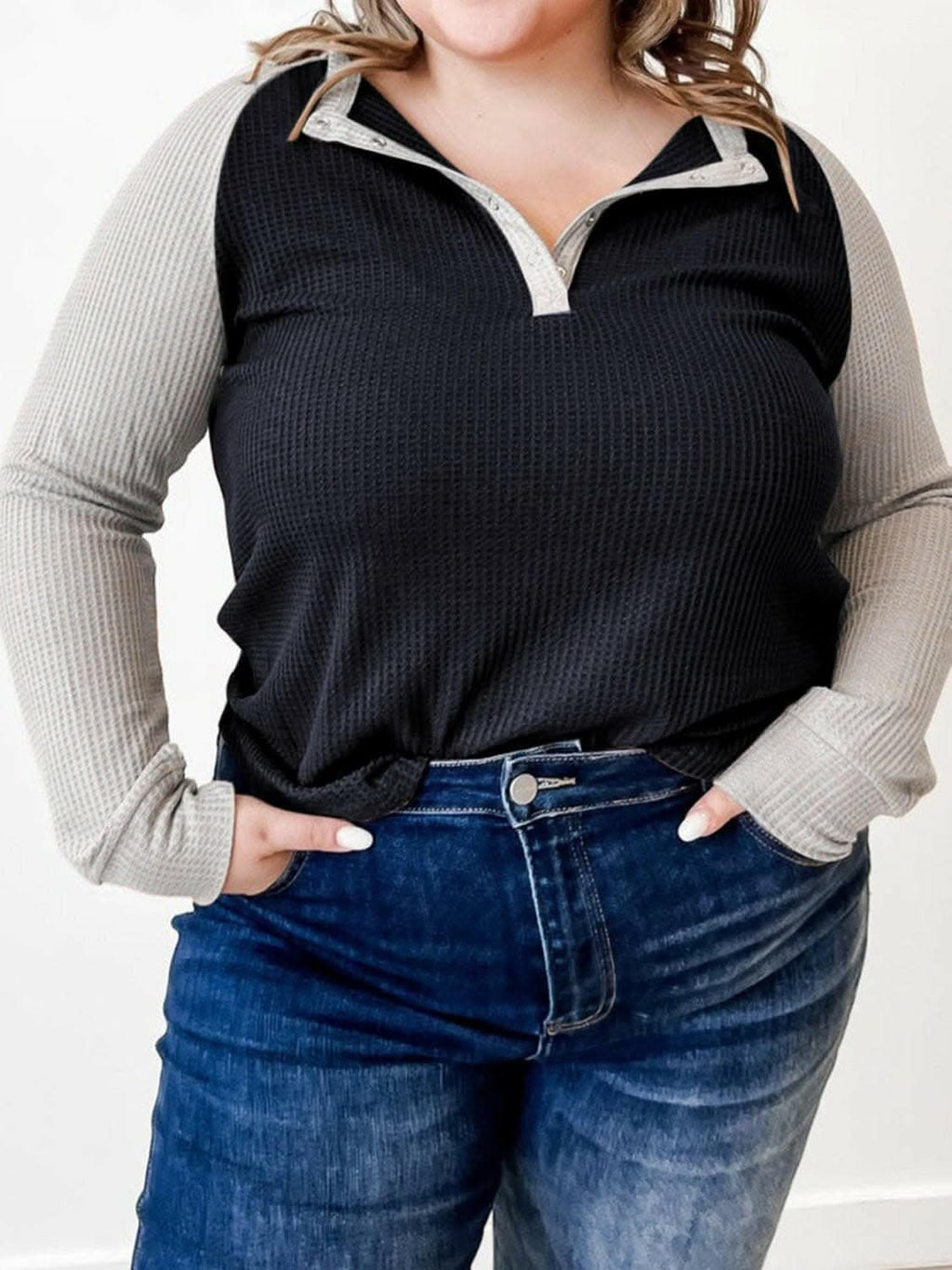Waffle-knit plus size long sleeve top