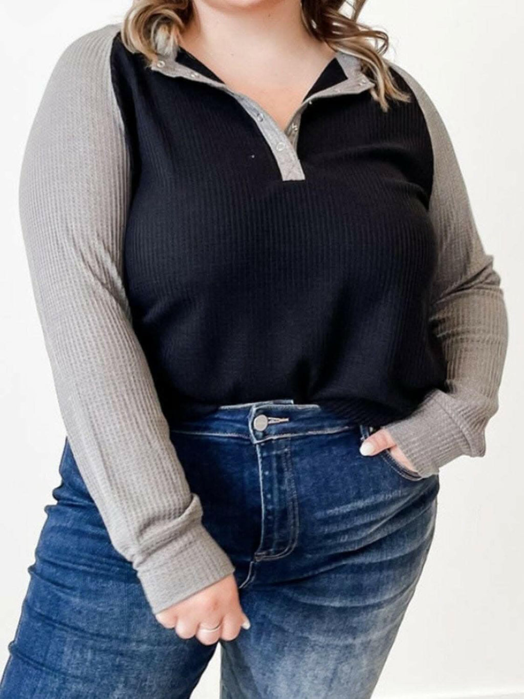 Waffle-knit plus size long sleeve top