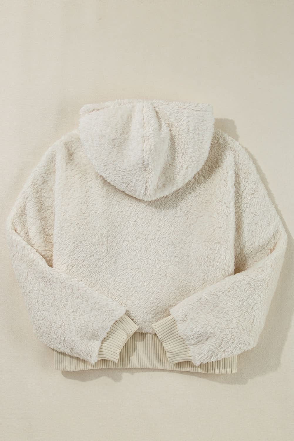 White Contrast Ribbed Edge Plush Hoodie