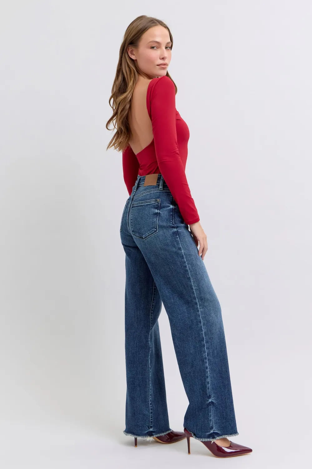 Raw Hem Mid Rise Jeans - Women's Stretch Denim with Frayed Hem