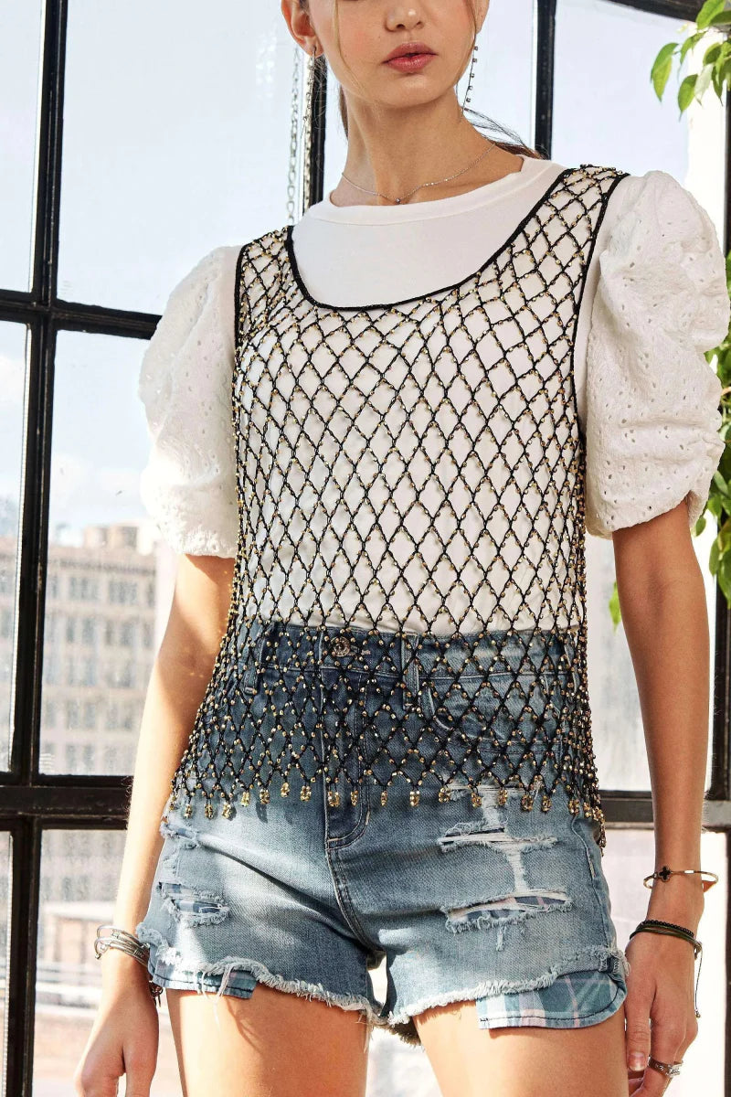 Trendsi ADORA Beads Accent Fishnet Tank Top - Bold Fashion Style Apparel & Accessories