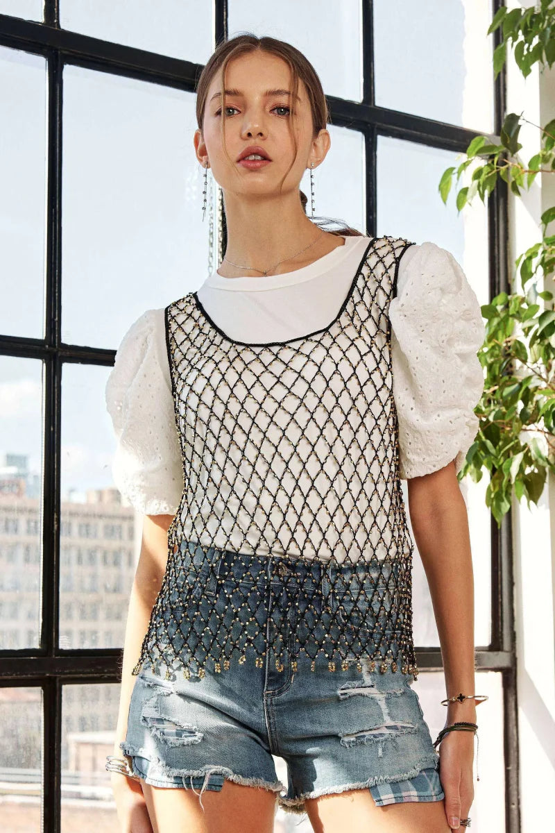 Trendsi ADORA Beads Accent Fishnet Tank Top - Bold Fashion Style Apparel & Accessories