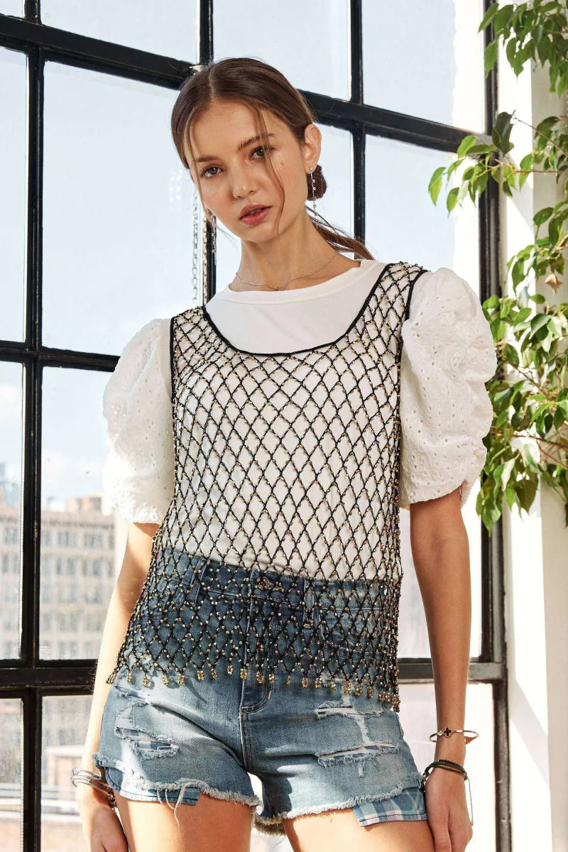 Trendsi ADORA Beads Accent Fishnet Tank Top - Bold Fashion Style Apparel & Accessories