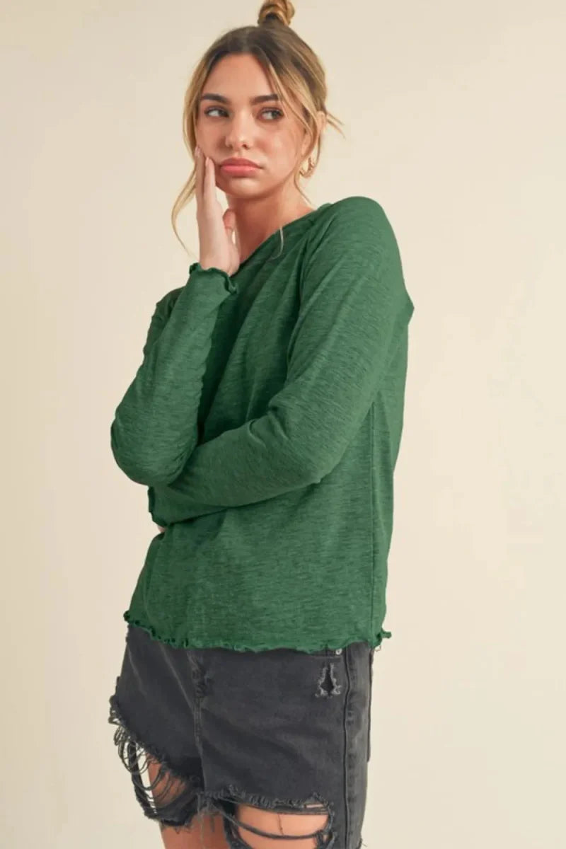 Trendsi Aemi + Co Lettuce Hemline Round Neck Raglan Sleeve T-Shirt - Apparel & Accessories