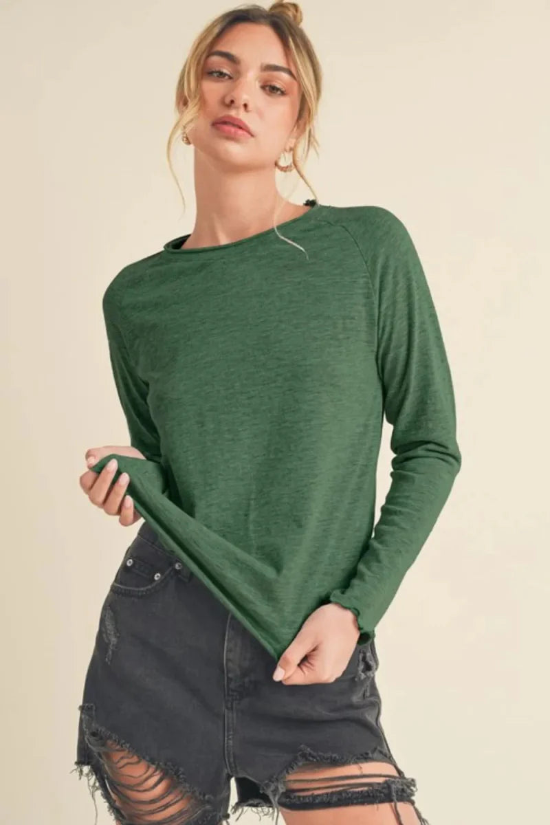 Trendsi Aemi + Co Lettuce Hemline Round Neck Raglan Sleeve T-Shirt - Apparel & Accessories