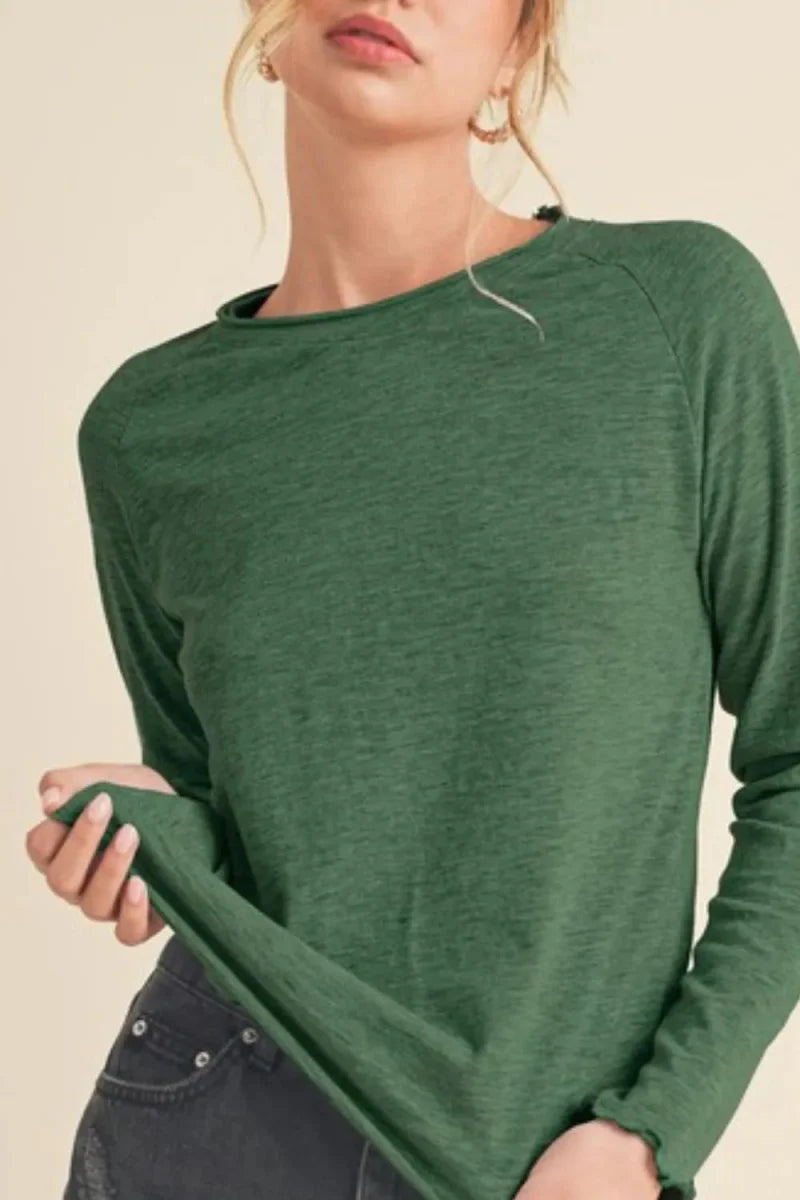 Trendsi Aemi + Co Lettuce Hemline Round Neck Raglan Sleeve T-Shirt - Apparel & Accessories