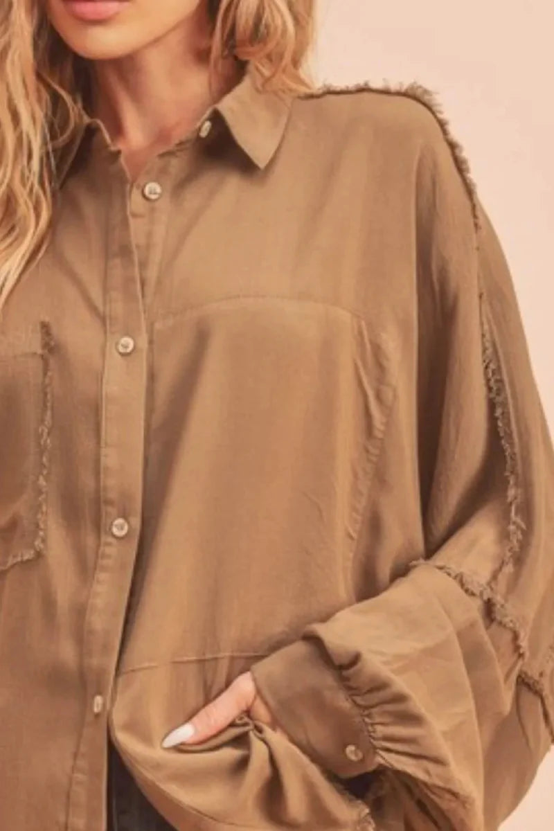 Trendsi Aemi + Co Raw Edge Collared Shirt Camel Medium