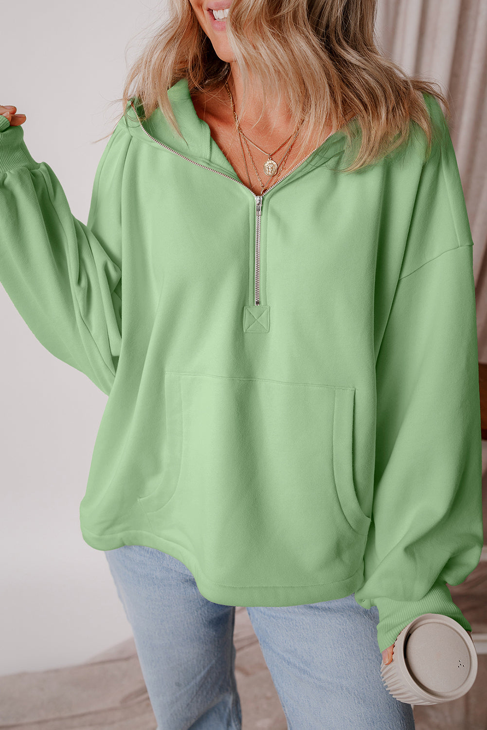 Premium Kate Fleece Lined Half Zipper Hoodie with Kangaroo Pockets
