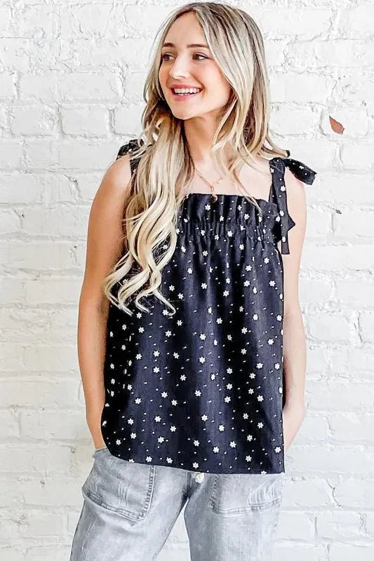 Trendsi Daisy Polka Dot Ruffle Tank Top - Black - Small