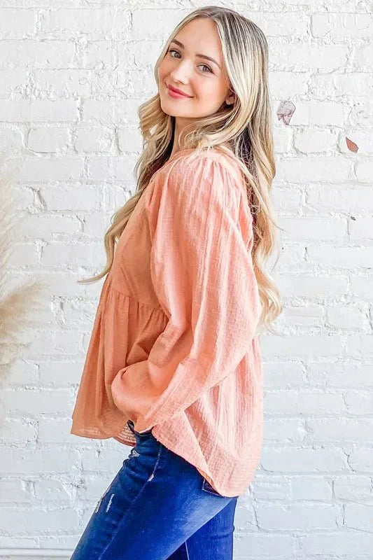 Trendsi And The Why Textured V-Neck Blouse Top Peach Small