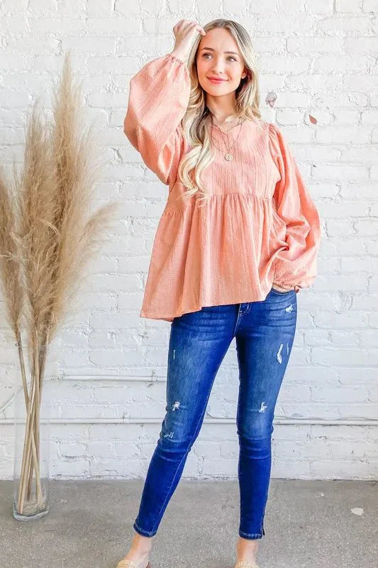 Trendsi And The Why Textured V-Neck Blouse Top Peach Small