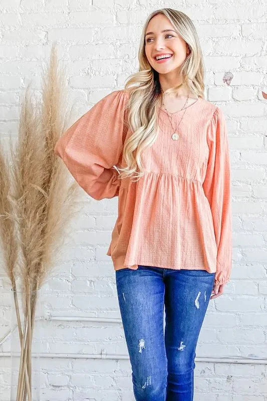Trendsi And The Why Textured V-Neck Blouse Top Peach Small