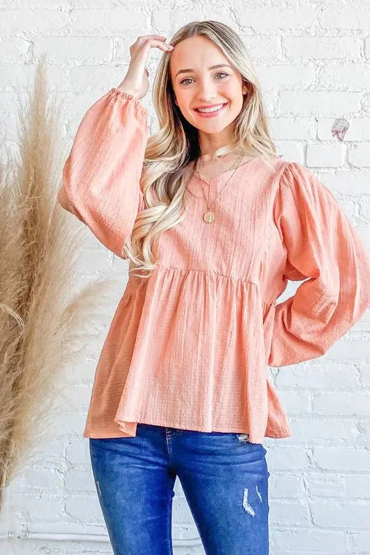Trendsi And The Why Textured V-Neck Blouse Top Peach Small