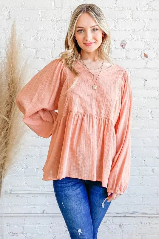Trendsi And The Why Textured V-Neck Blouse Top Peach Small