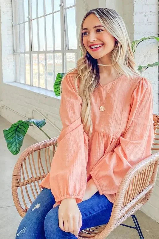 Trendsi And The Why Textured V-Neck Blouse Top Peach Small