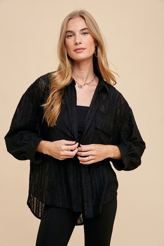 Trendsi Annie Wear Openwork Button Down Drop Shoulder Shirt