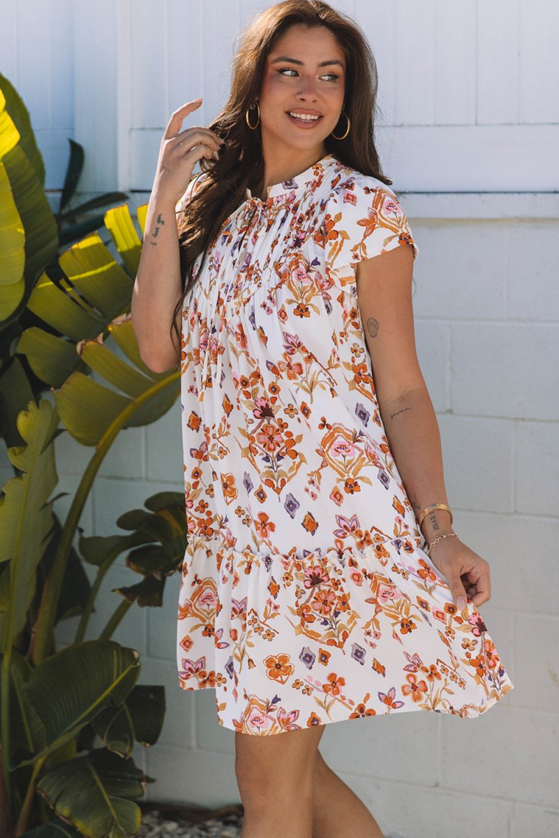 Love Salve  Apricot Floral Geometric Print Ruffled Trim
