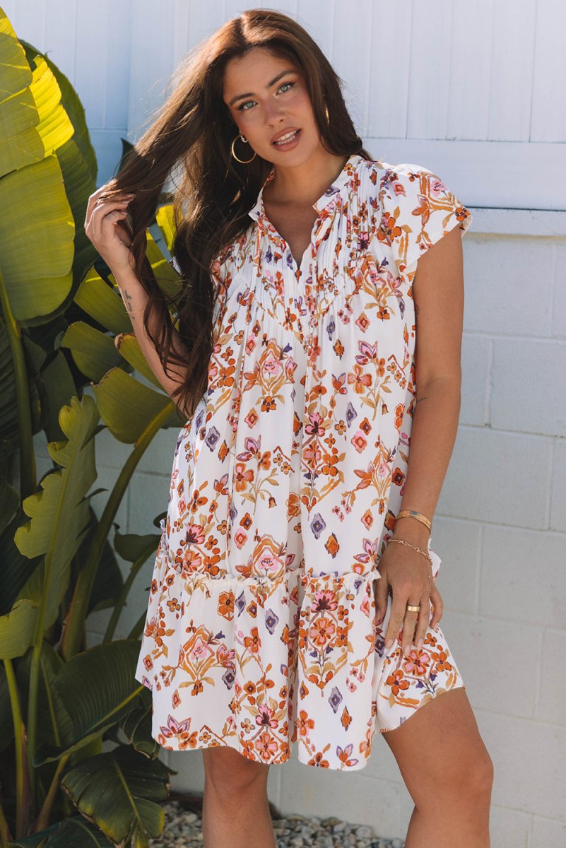Love Salve  Apricot Floral Geometric Print Ruffled Trim