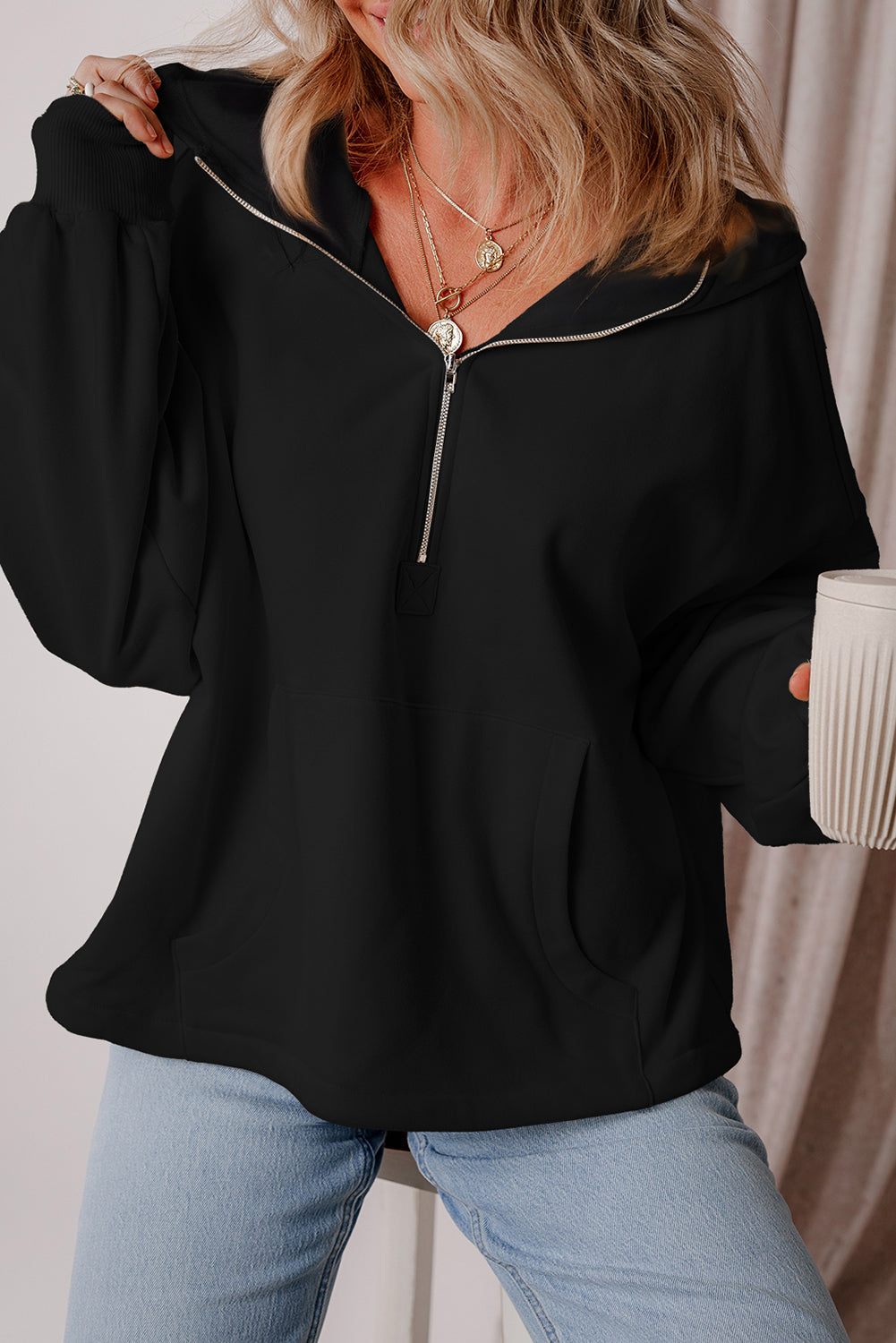 Premium Kate Fleece Lined Half Zipper Hoodie with Kangaroo Pockets