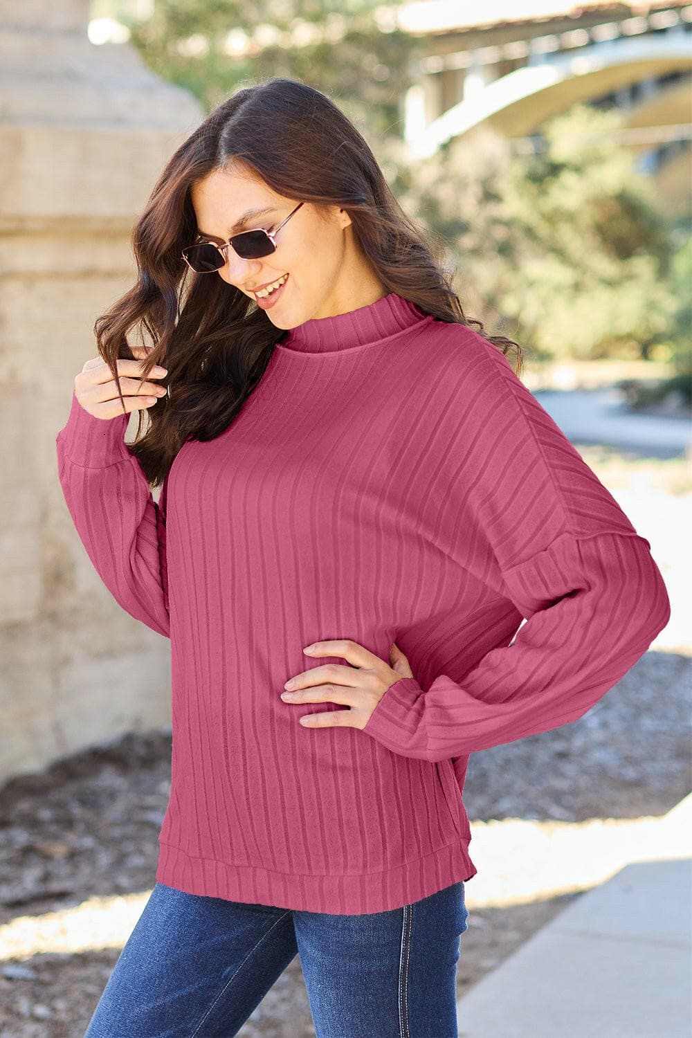 Chic ribbed mock neck top – exposed seams