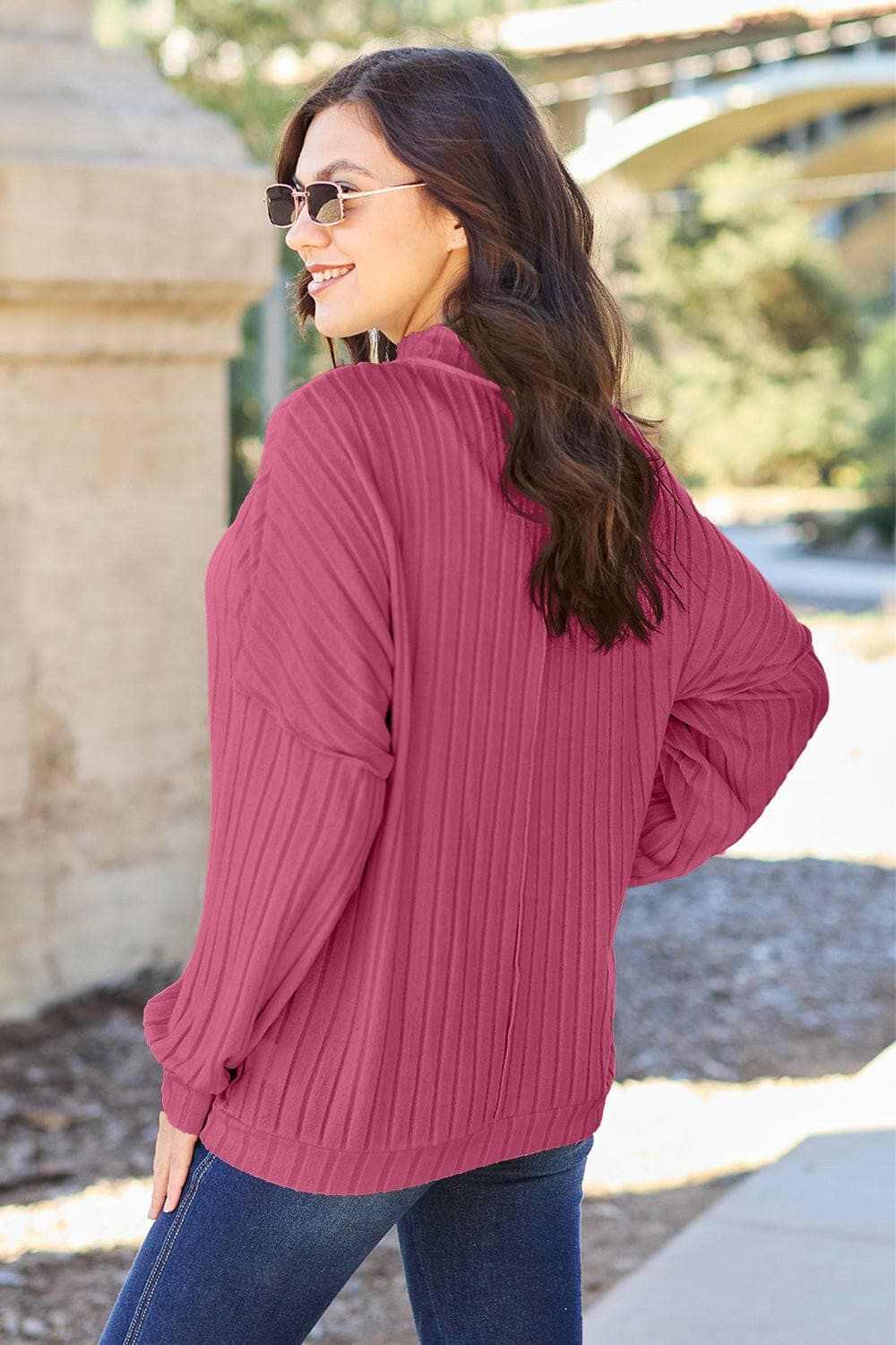 Chic ribbed mock neck top – exposed seams