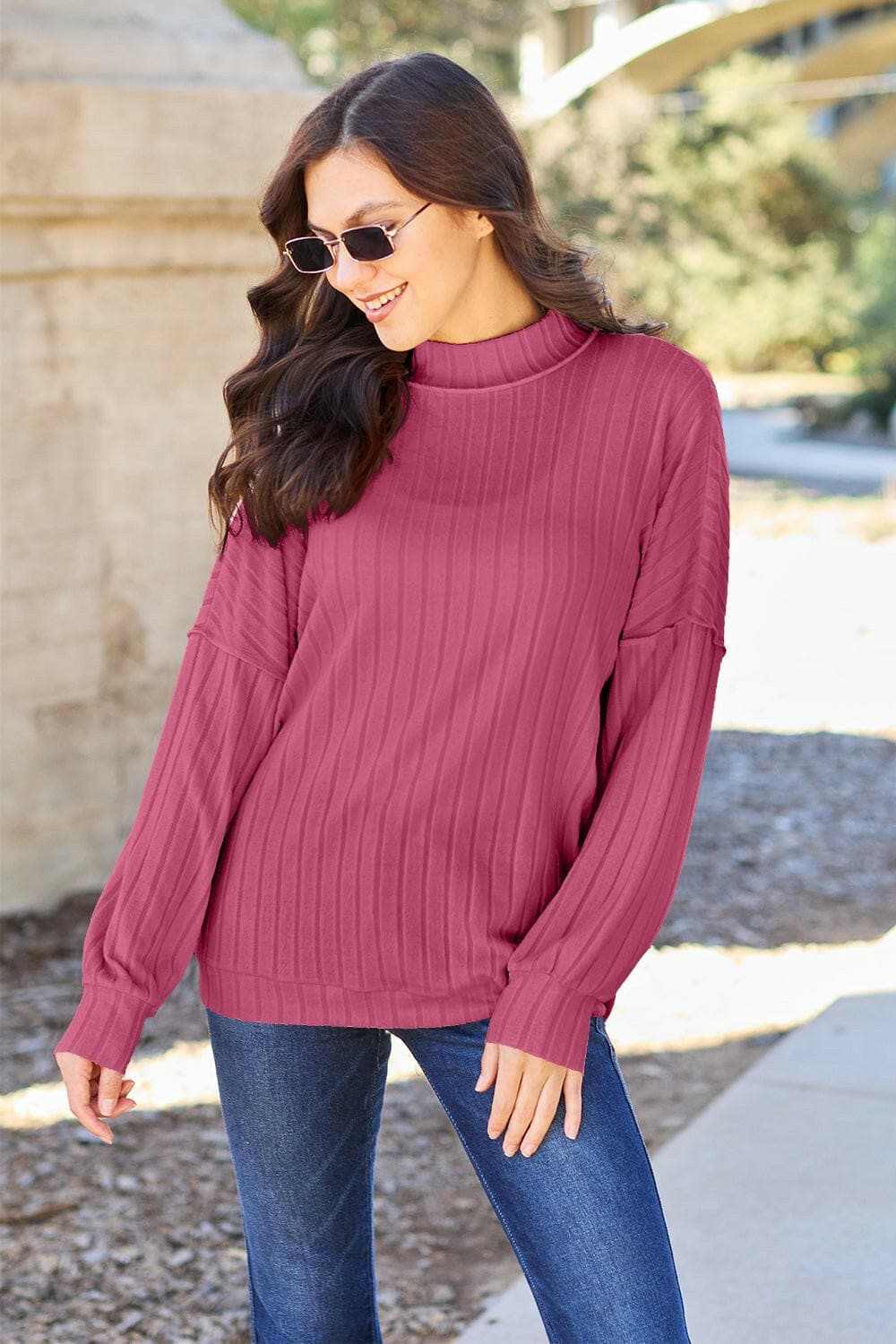 Chic ribbed mock neck top – exposed seams