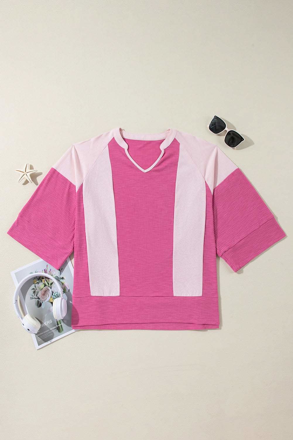 Bright Pink Textured Colorblock 3/4 Sleeve Oversize Top