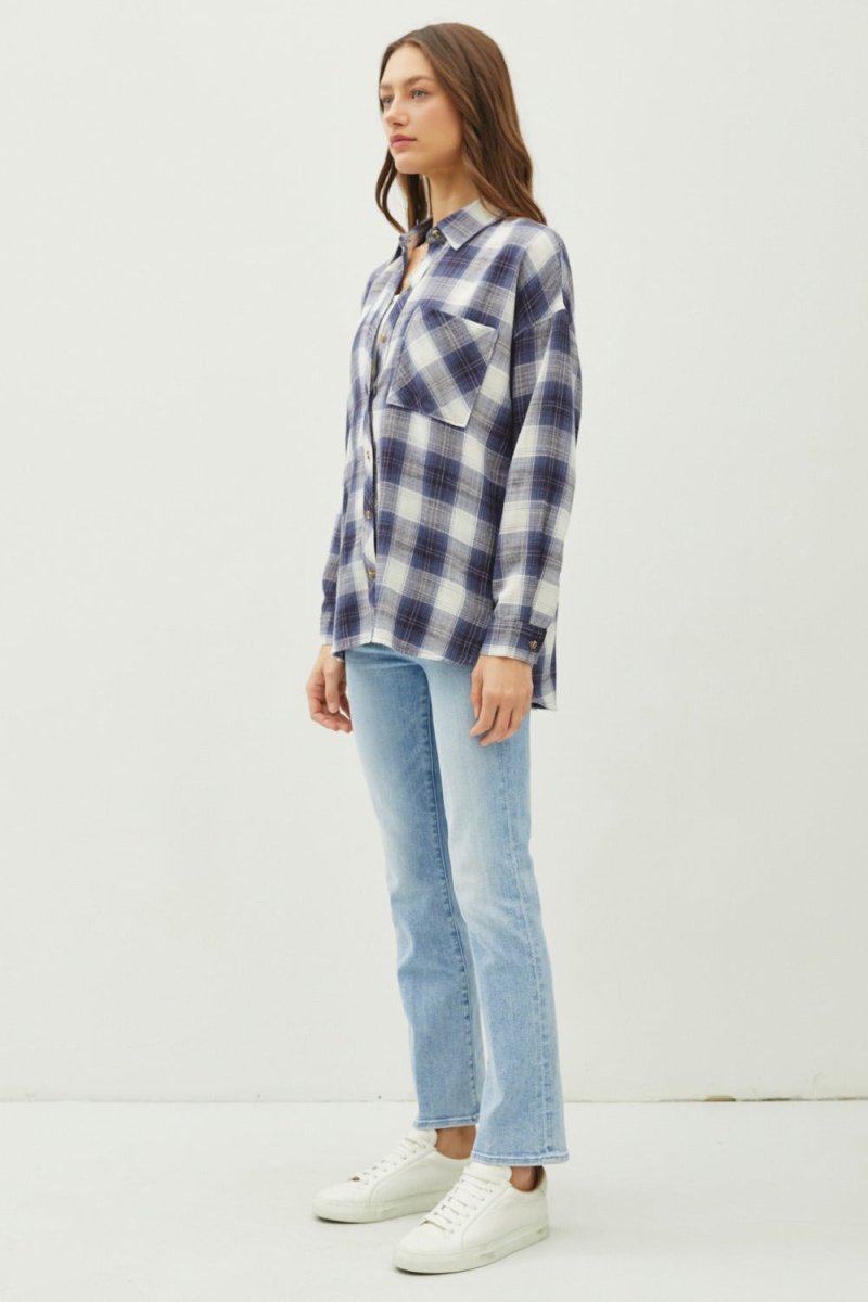 Trendsi Be Cool Plaid Flannel Button Down Shirt with Chest