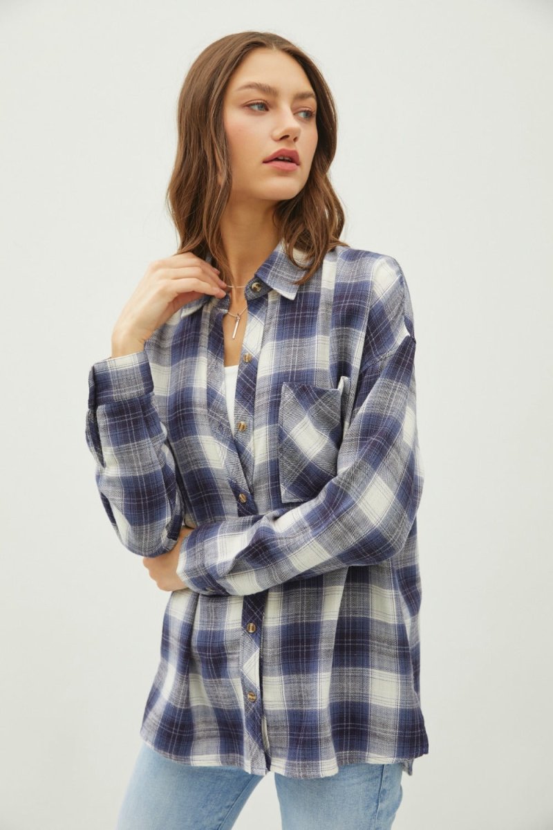 Trendsi Be Cool Plaid Flannel Button Down Shirt with Chest