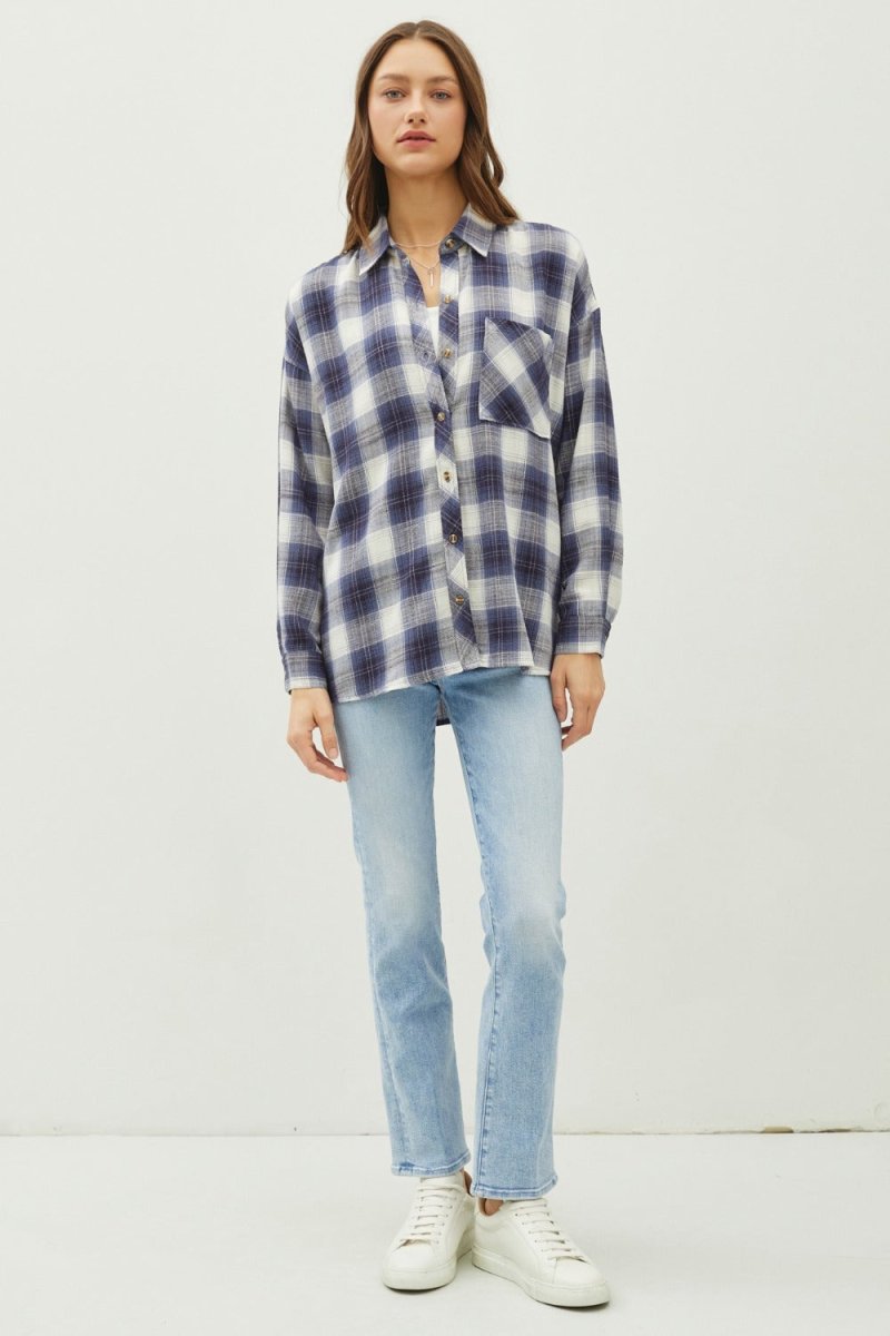 Trendsi Be Cool Plaid Flannel Button Down Shirt with Chest