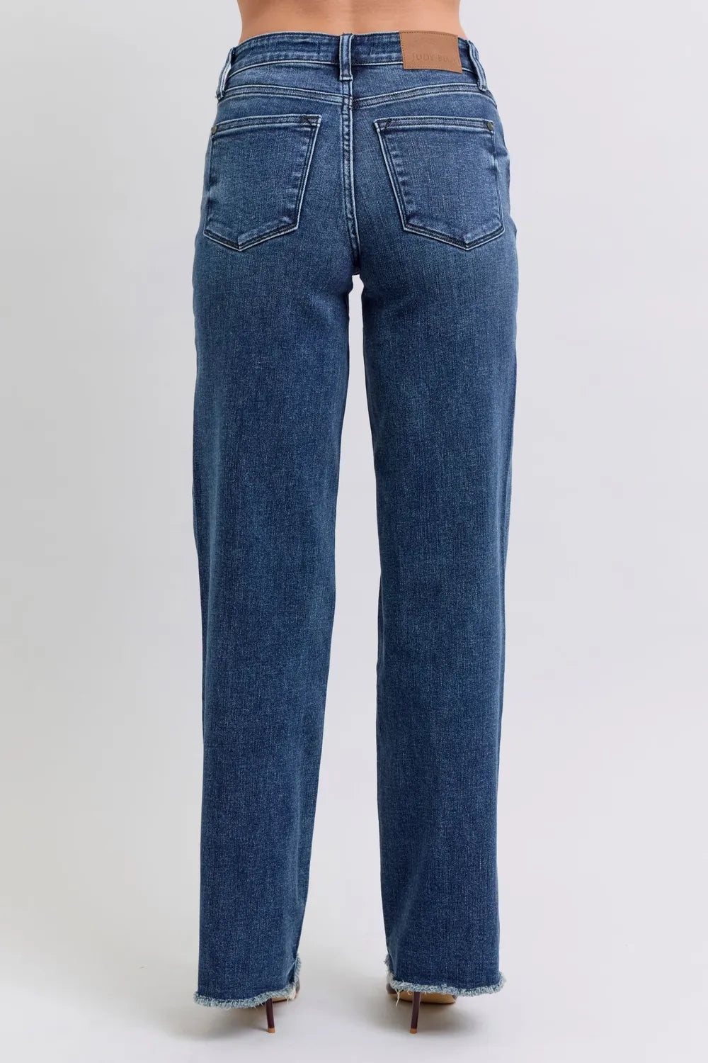 Raw Hem Mid Rise Jeans - Women's Stretch Denim with Frayed Hem