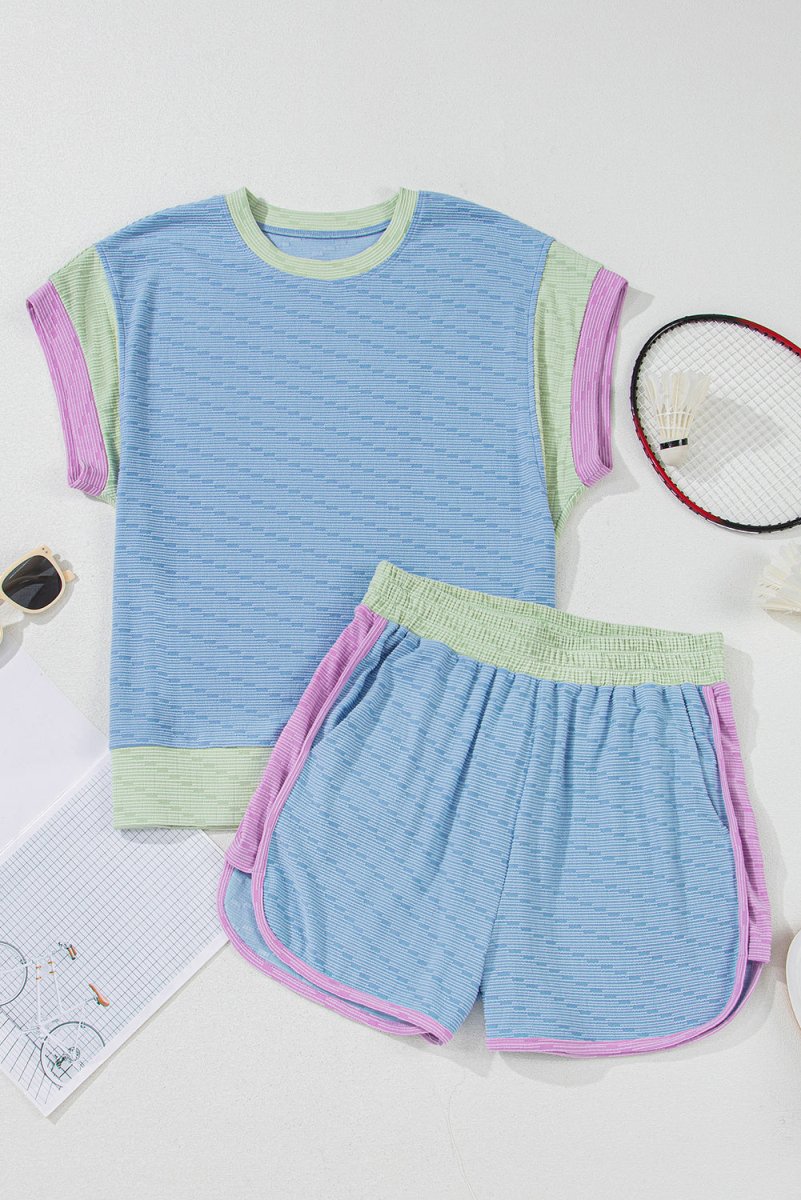Love Salve  Beau Blue Corded Knit Contrast Trim Round Neck