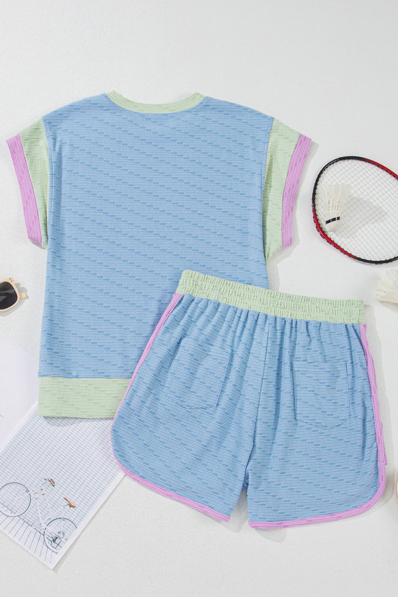 Love Salve  Beau Blue Corded Knit Contrast Trim Round Neck