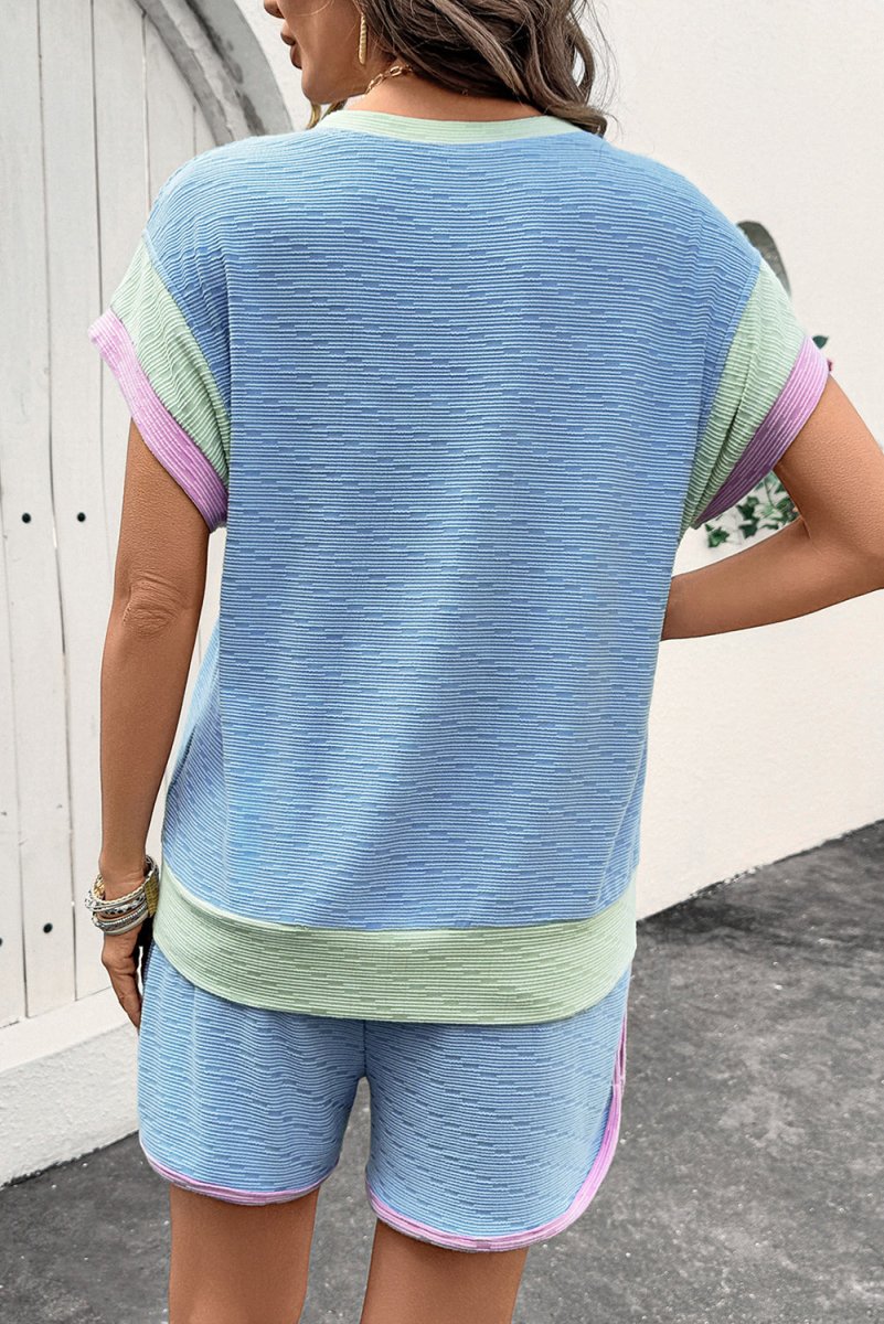 Love Salve  Beau Blue Corded Knit Contrast Trim Round Neck