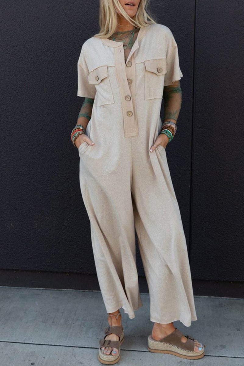 Love Salve  Beige Half Placket Chest Pockets Short Sleeve