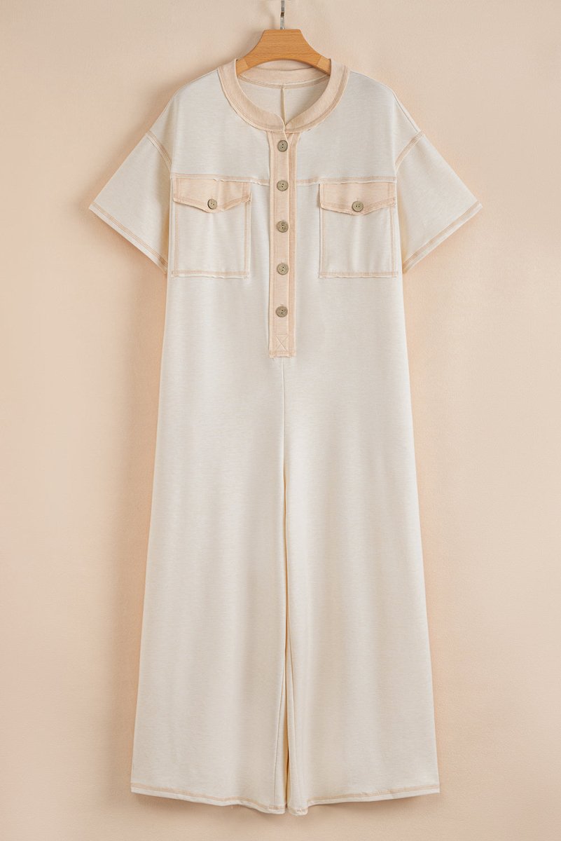 Love Salve  Beige Half Placket Chest Pockets Short Sleeve