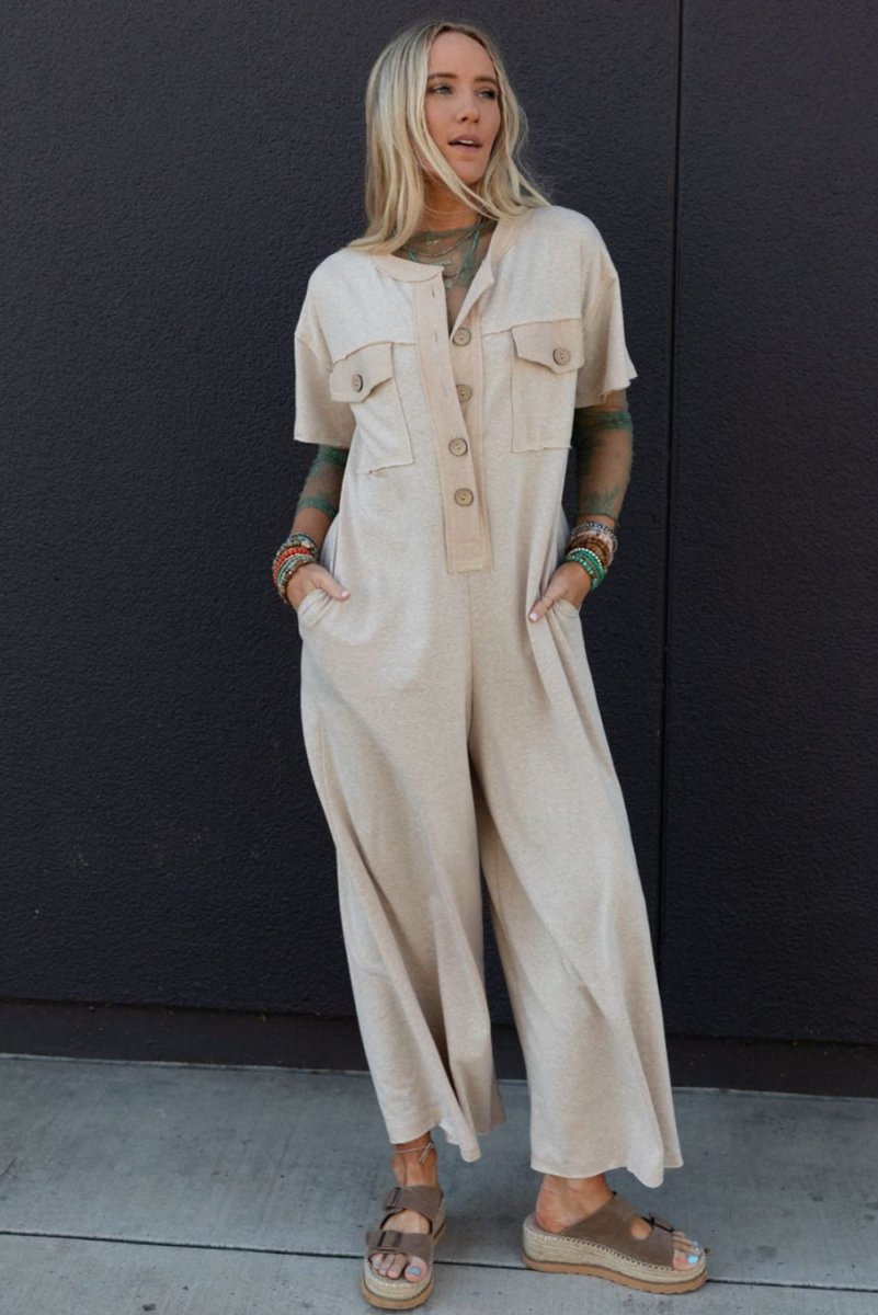 Love Salve  Beige Half Placket Chest Pockets Short Sleeve