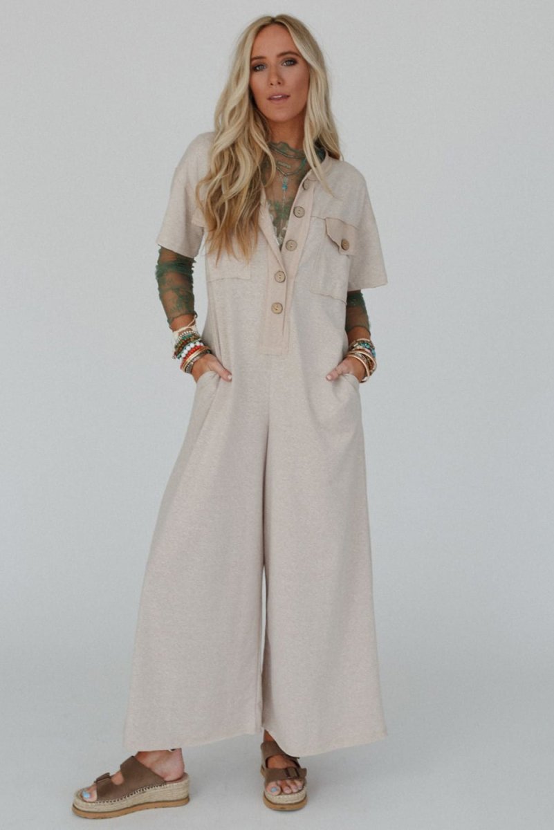 Love Salve  Beige Half Placket Chest Pockets Short Sleeve